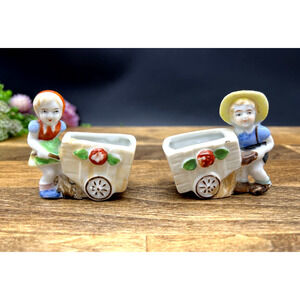 Girl Boy with Wagon Set Hand Painted Toothpick Holder Made in Japan Vintage
